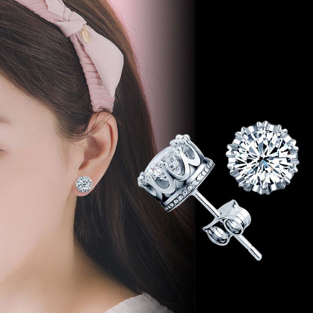 Women Silver Plated Cubic Zirconia Ear Studs Earrings Piercing Jewelry-Platinum