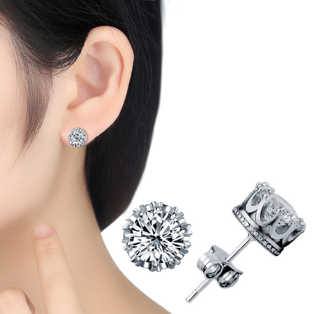 Women Silver Plated Cubic Zirconia Ear Studs Earrings Piercing Jewelry-Platinum