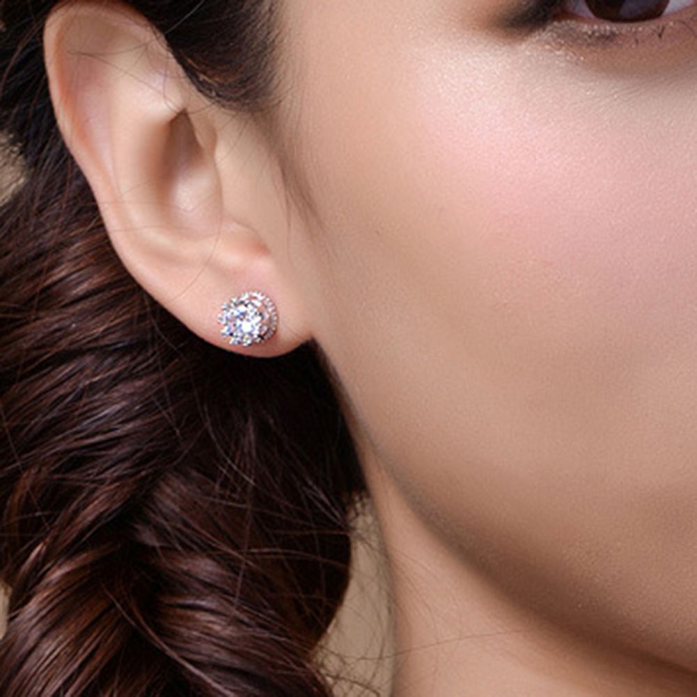 Women Silver Plated Cubic Zirconia Ear Studs Earrings Piercing Jewelry-Platinum
