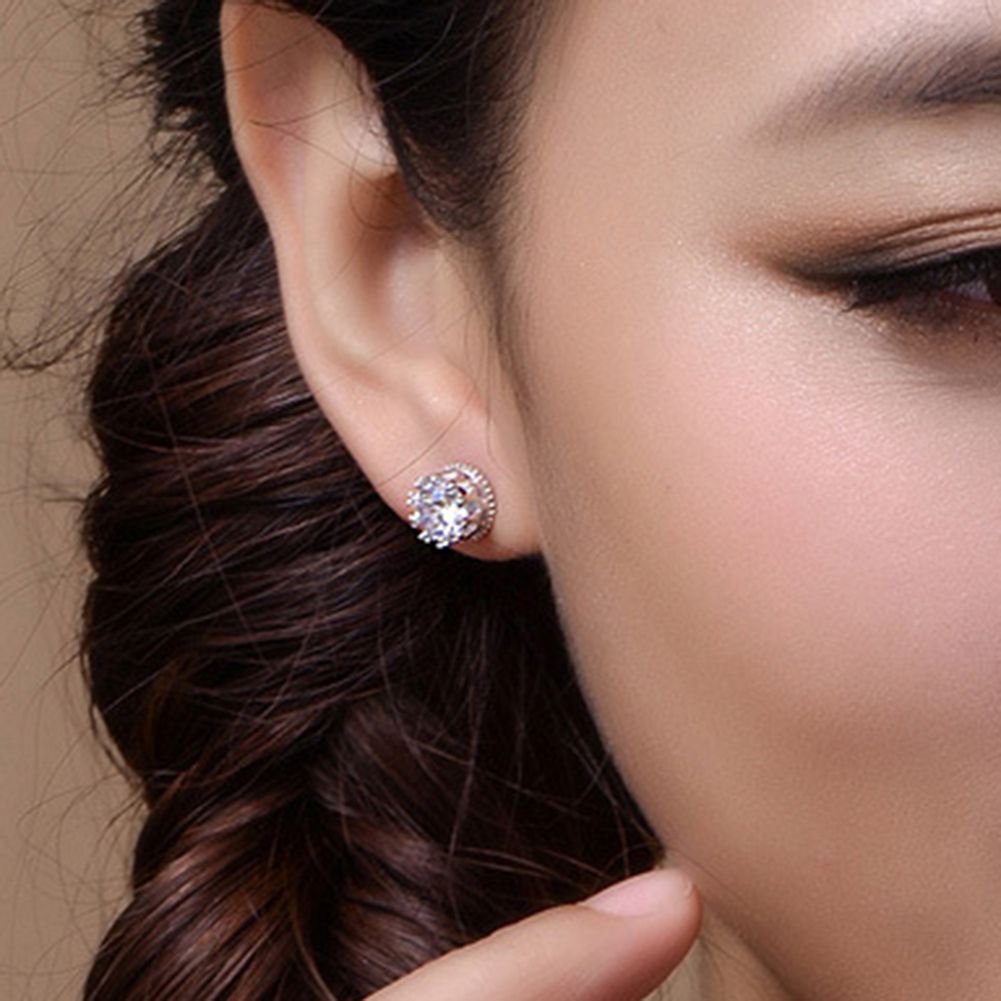 Women Silver Plated Cubic Zirconia Ear Studs Earrings Piercing Jewelry-Platinum
