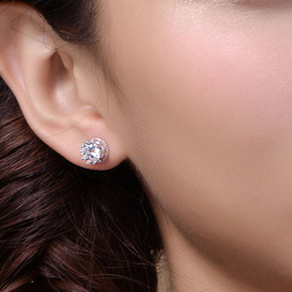 Women Silver Plated Cubic Zirconia Ear Studs Earrings Piercing Jewelry-Platinum