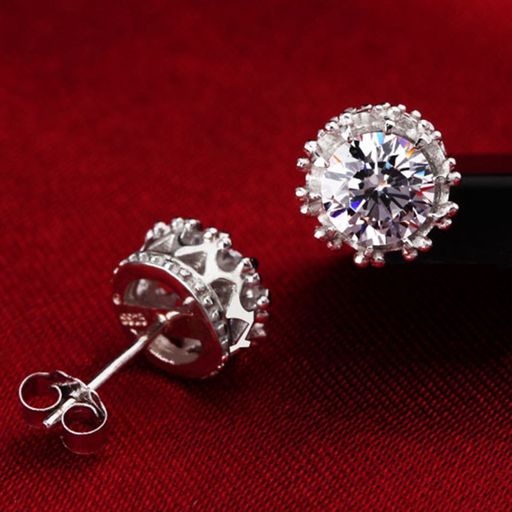 Women Silver Plated Cubic Zirconia Ear Studs Earrings Piercing Jewelry-Platinum