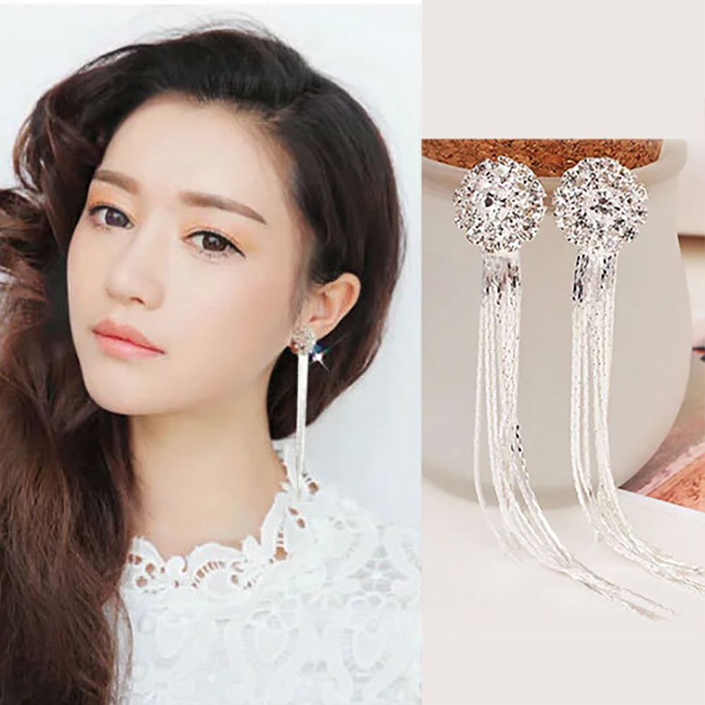 Unique Tassel Pendant Long Dangle Statement Women Stud Earrings Gift Rhinestone-Silver