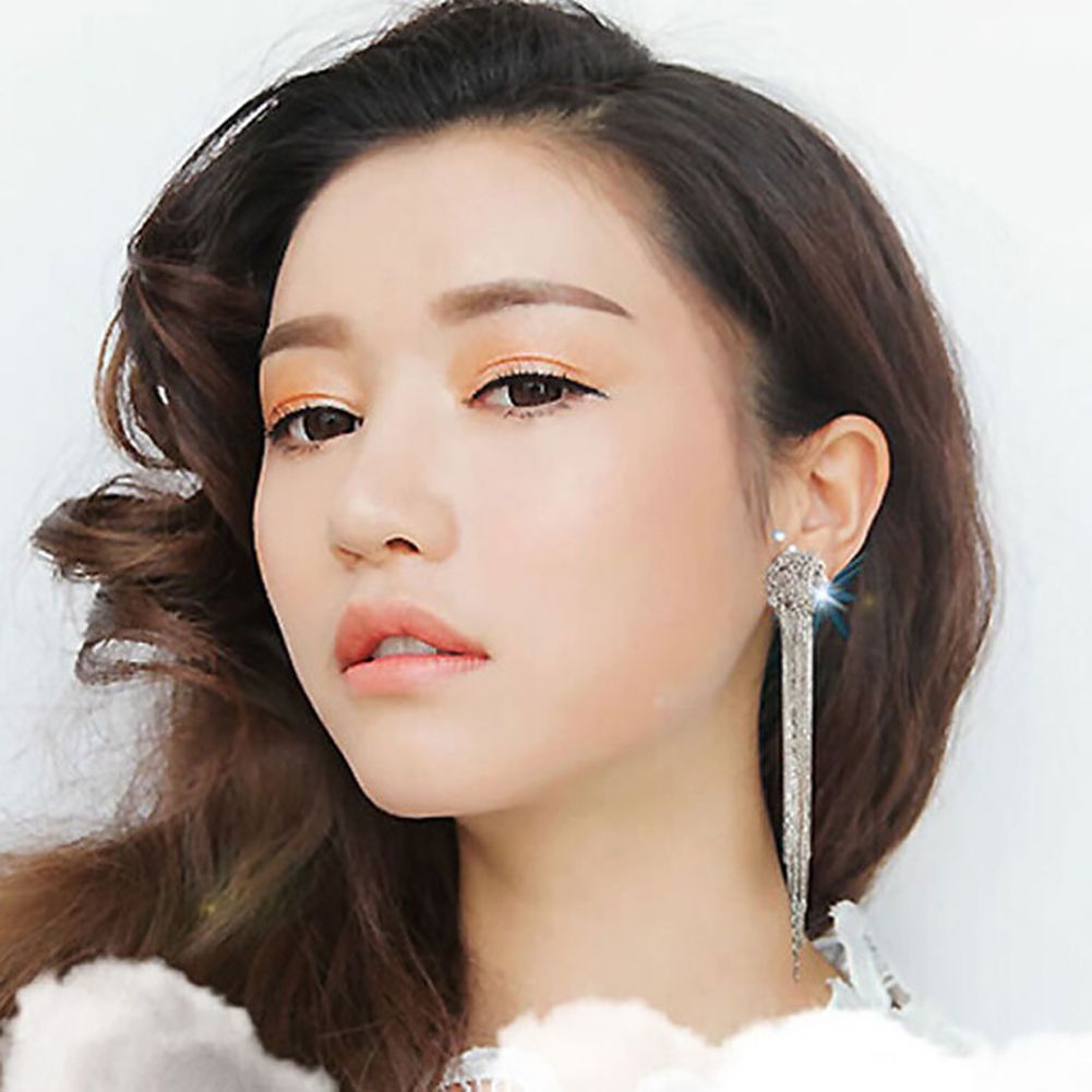 Unique Tassel Pendant Long Dangle Statement Women Stud Earrings Gift Rhinestone-Silver