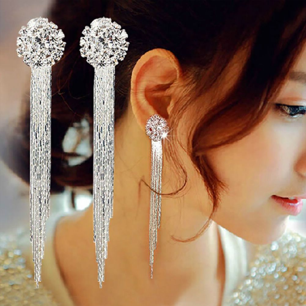 Unique Tassel Pendant Long Dangle Statement Women Stud Earrings Gift Rhinestone-Silver