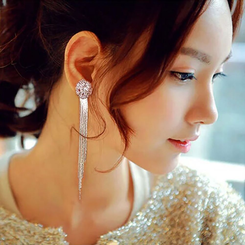 Unique Tassel Pendant Long Dangle Statement Women Stud Earrings Gift Rhinestone-Silver