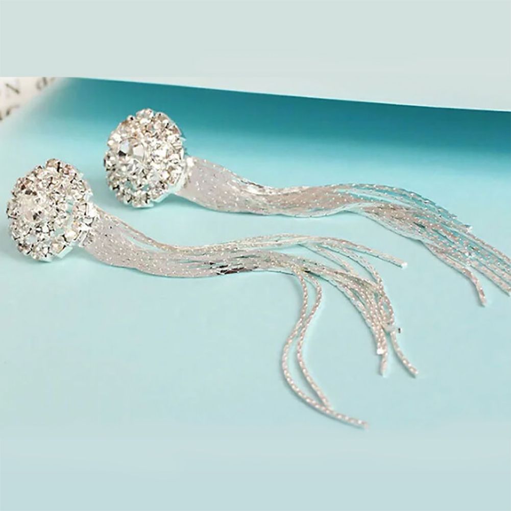 Unique Tassel Pendant Long Dangle Statement Women Stud Earrings Gift Rhinestone-Silver