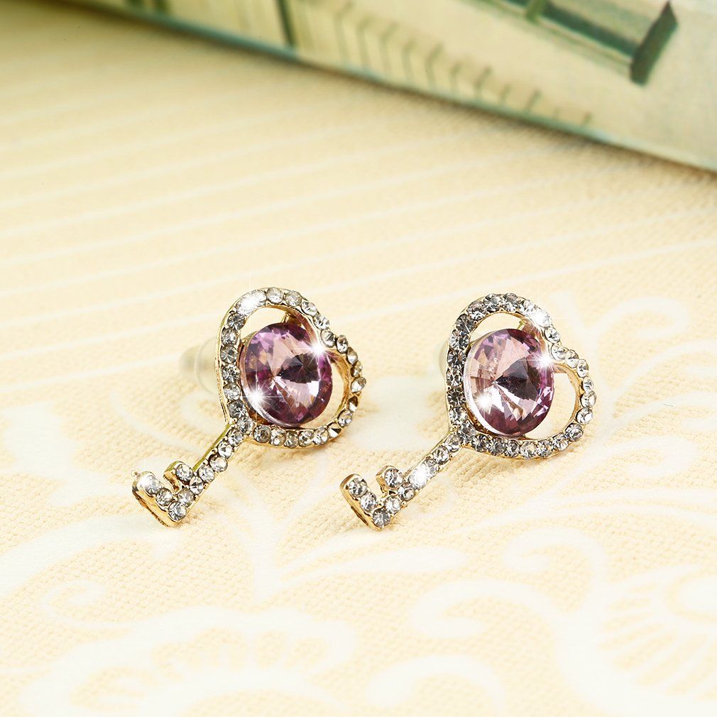 New European Style Fashion Jewelry Key-shaped Rhinestone Studs Earrings-silver+purple