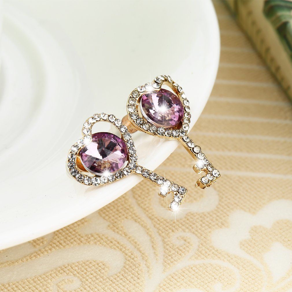 New European Style Fashion Jewelry Key-shaped Rhinestone Studs Earrings-silver+purple