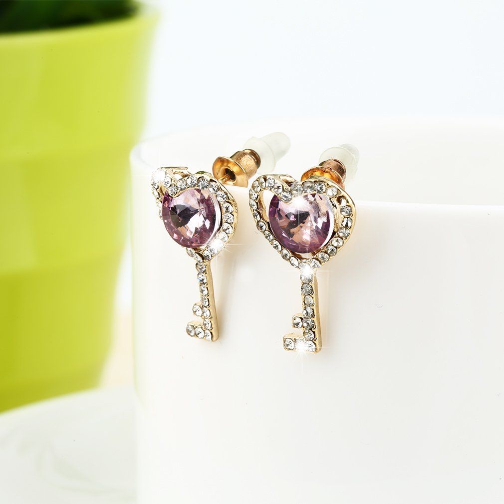 New European Style Fashion Jewelry Key-shaped Rhinestone Studs Earrings-silver+purple