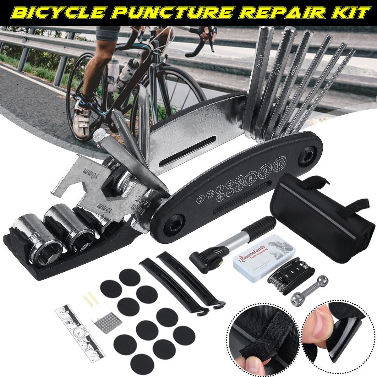 Bicycle Mountain Bike MTB Cycle Puncture Tyre Pump Repair Multi Tools Kit W/Bag