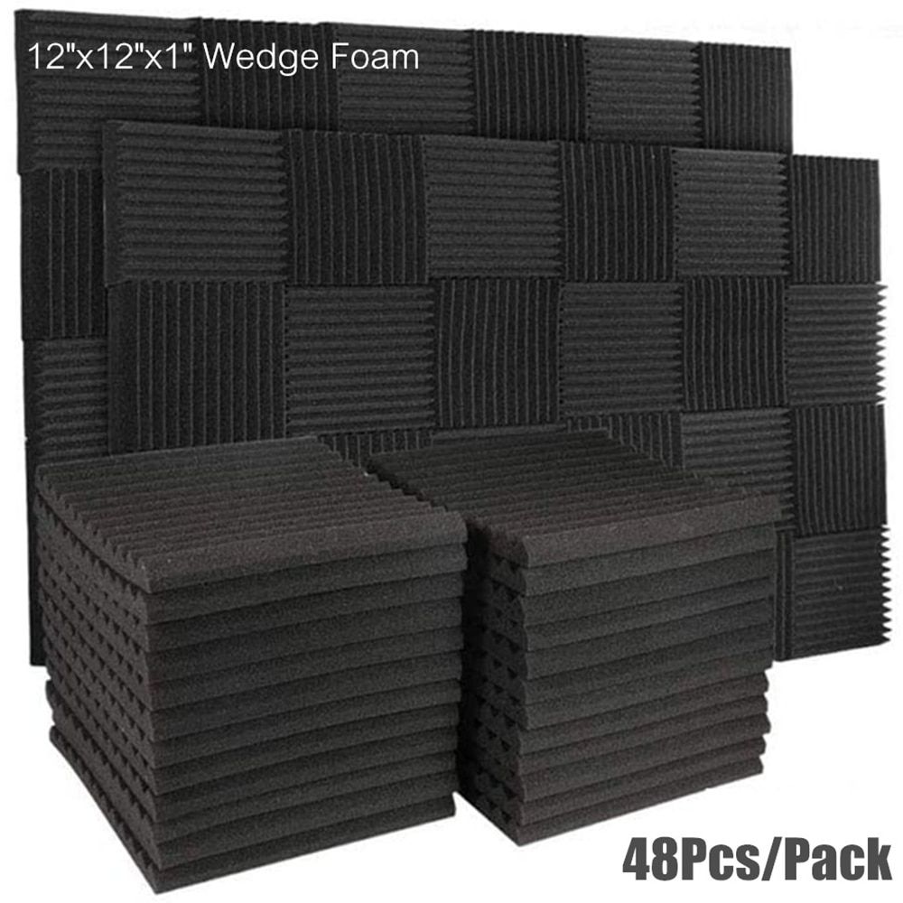 48Pcs/Pack 30x30x2.5cm Acoustic Foam Wedge Panel Tiles Studio Soundproof Foam Wall Pad Room Sound Insulation Treatment With Tape Black 48Pcs With Tapes