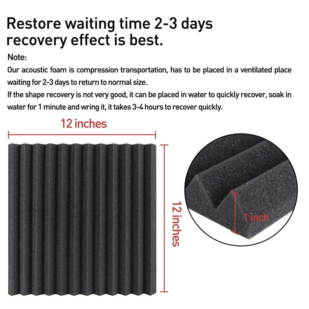 48Pcs/Pack 30x30x2.5cm Acoustic Foam Wedge Panel Tiles Studio Soundproof Foam Wall Pad Room Sound Insulation Treatment With Tape Black 48Pcs With Tapes