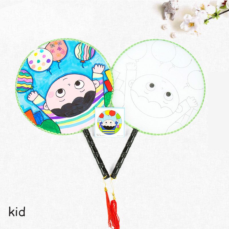 Fan Art Toy Painting DIY Kindergarten Materials Hand-painted Set Creative White Japanese Round Fans Silk Style 1 Painted