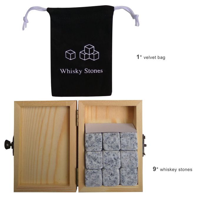 9PCS Whiskey Stones Set Chilling Stones Wooden Box Chilling