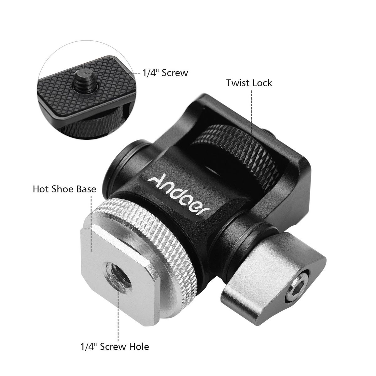 Andoer Mini Monitor Mount Tripod Head Cold Shoe Adapter Aluminum Alloy 1/4 Inch Screw for Mounting Camera Monitor Flash Microphone LED Fill Light