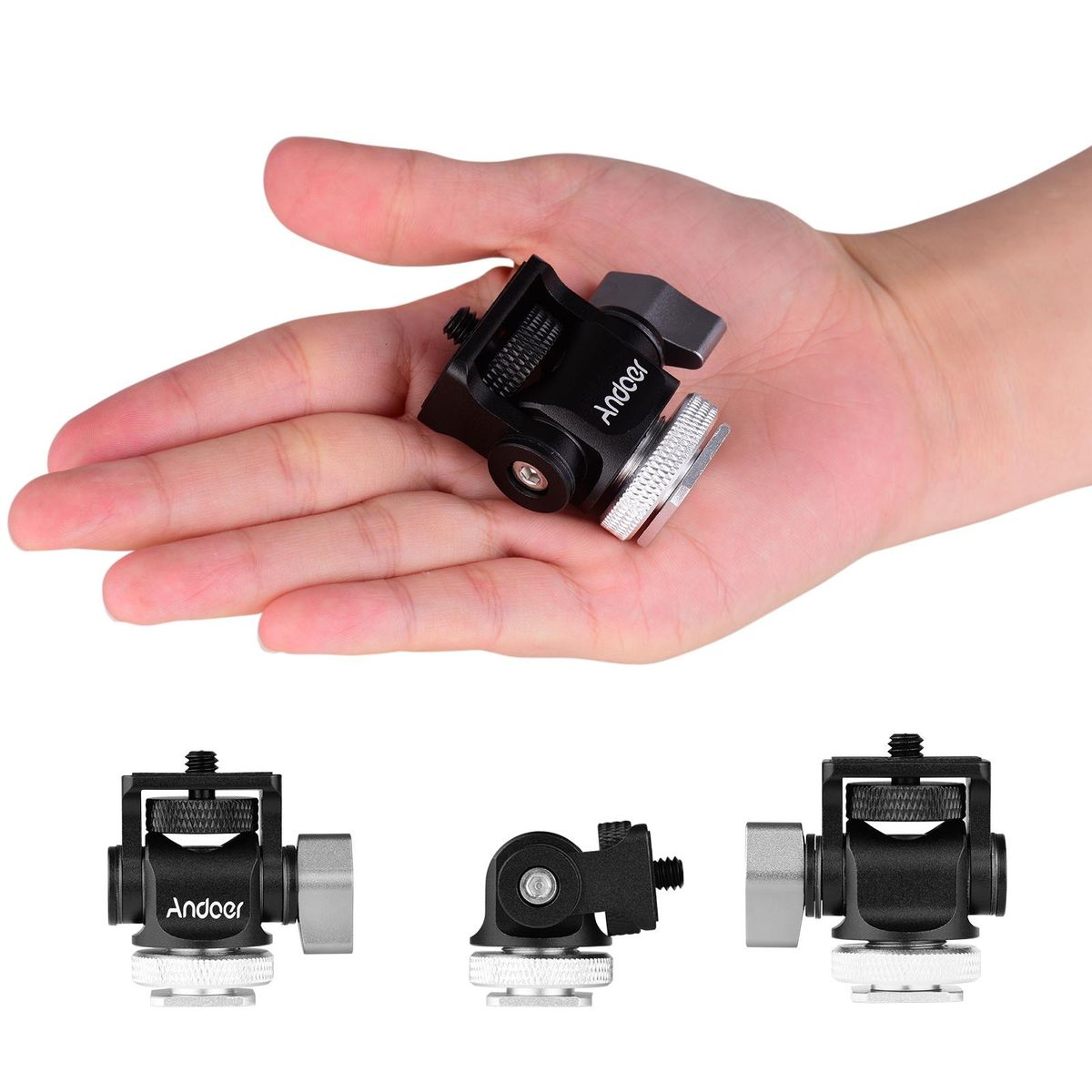 Andoer Mini Monitor Mount Tripod Head Cold Shoe Adapter Aluminum Alloy 1/4 Inch Screw for Mounting Camera Monitor Flash Microphone LED Fill Light