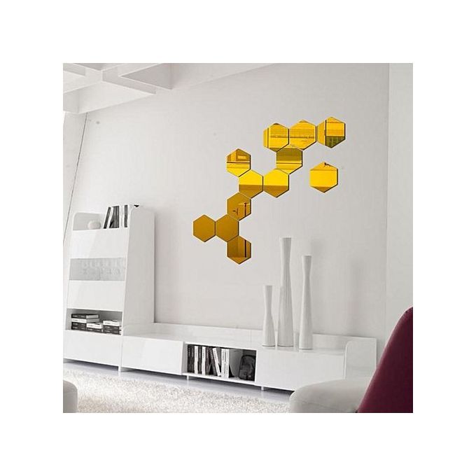 Mirror 12 Piece Hexagon Acrylic Mirror Wall Stickers Wall Decor Home Decoration-Gold