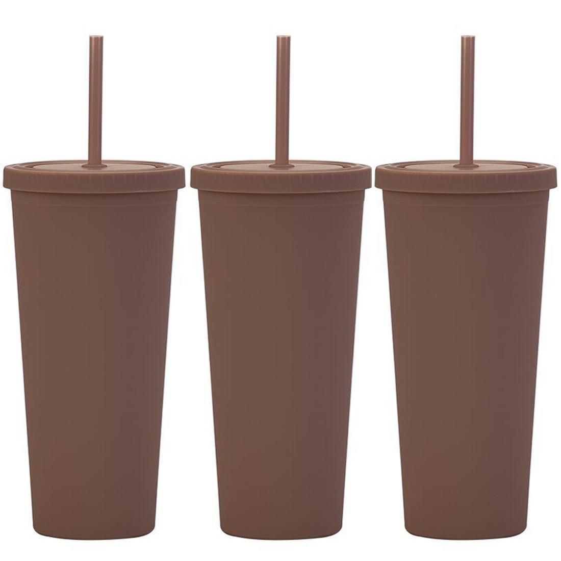 3pcs 700ml Reusable Straw Tumbler with Lid Double-Walled Plastic Matte Handy Cup