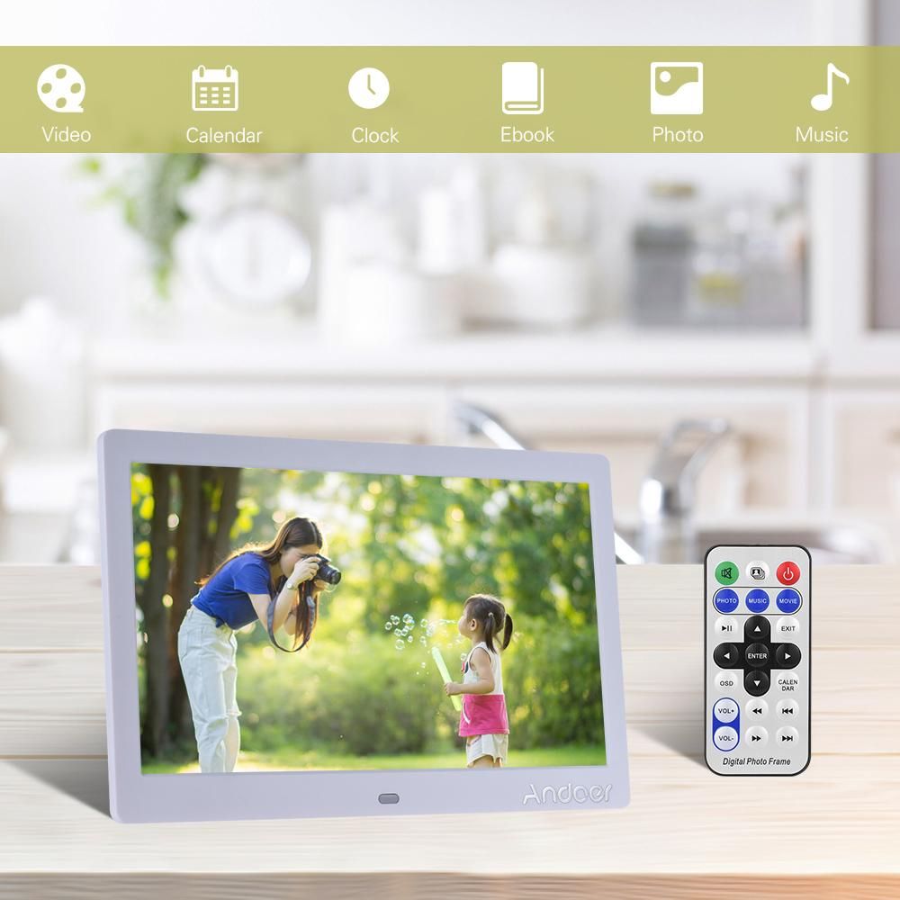 Andoer 10 Inch LED Wide Screen Digital Photo Picture Frame Electronic Album High Resolution 1024*600 MP3 MP4 Picture Player Electronic Clock /Alarm Clock/ Calendar with Remote Control Gift Present