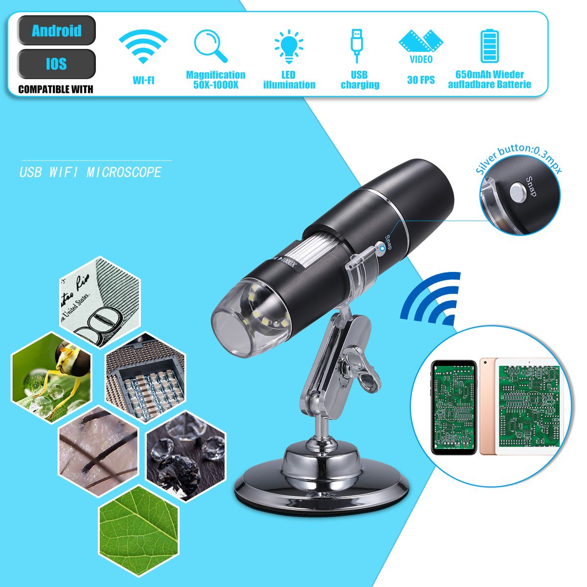 Electron Digital Microscope Portable WiFi Wirelessly 1000x