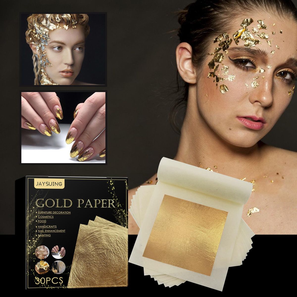 Jaysuing 30pcs/Box Golden Flakes Nail Glitter Food Decorating Foil Paper for Cake Baking Nails Art Painting DIY Crafts Furniture Decoration