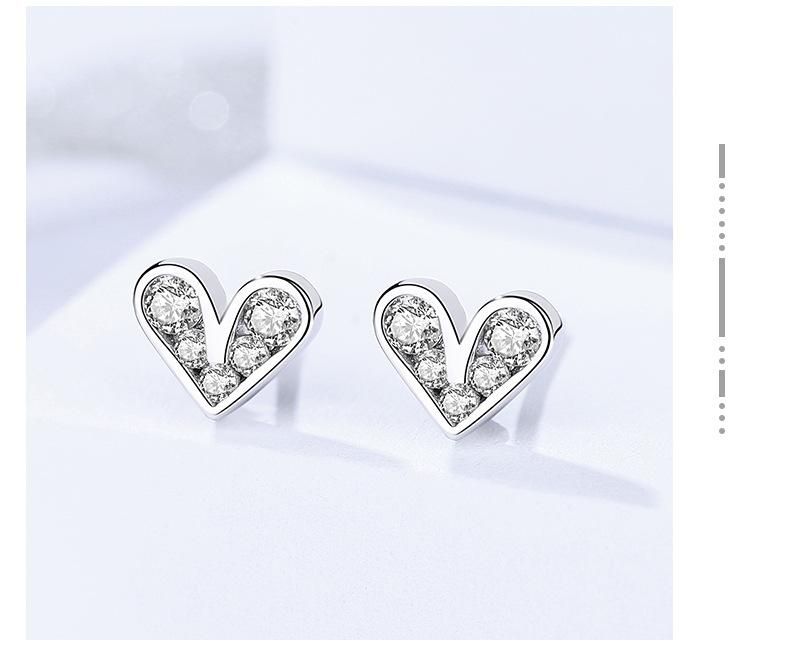 S999 Sterling Silver Earrings Simple Heart shaped Earstuds with Zircon Jewelry Birthday Gift