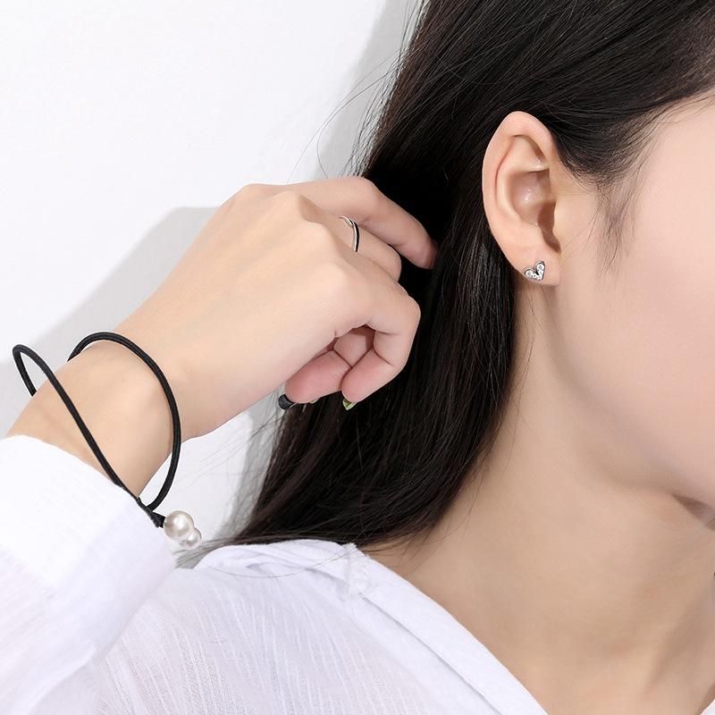 S999 Sterling Silver Earrings Simple Heart shaped Earstuds with Zircon Jewelry Birthday Gift