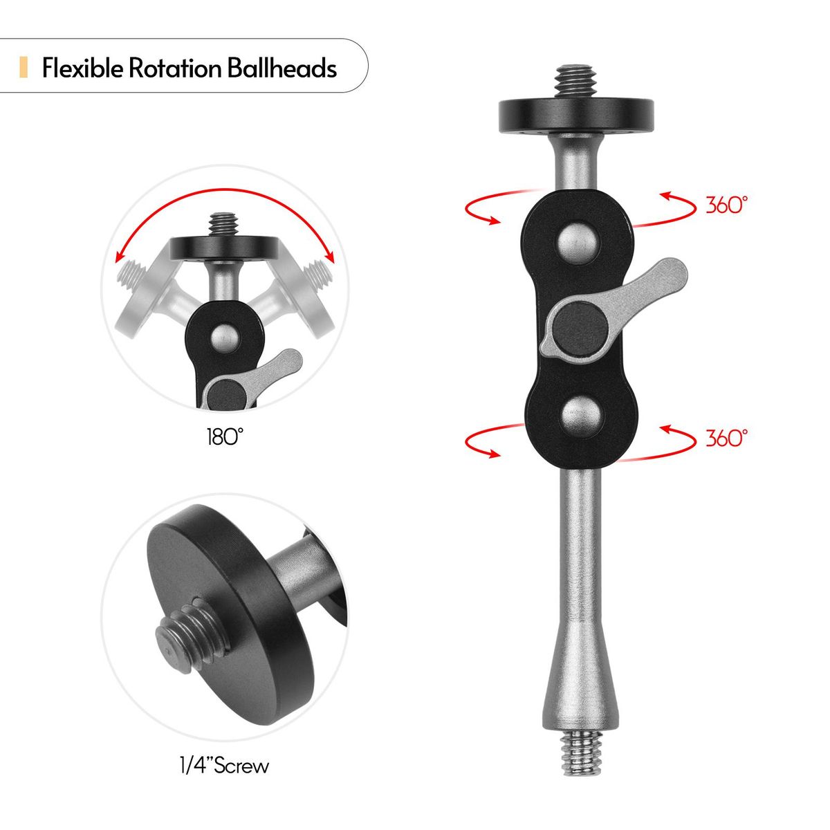 Andoer MA-95 Magic Arm Extension Bracket Monitor Mount Adapter Aluminum Alloy 1/4 Inch Screws Connection Dual Flexible Ball Head for Mounting Video Monitor LED Light, Pack of 2pcs