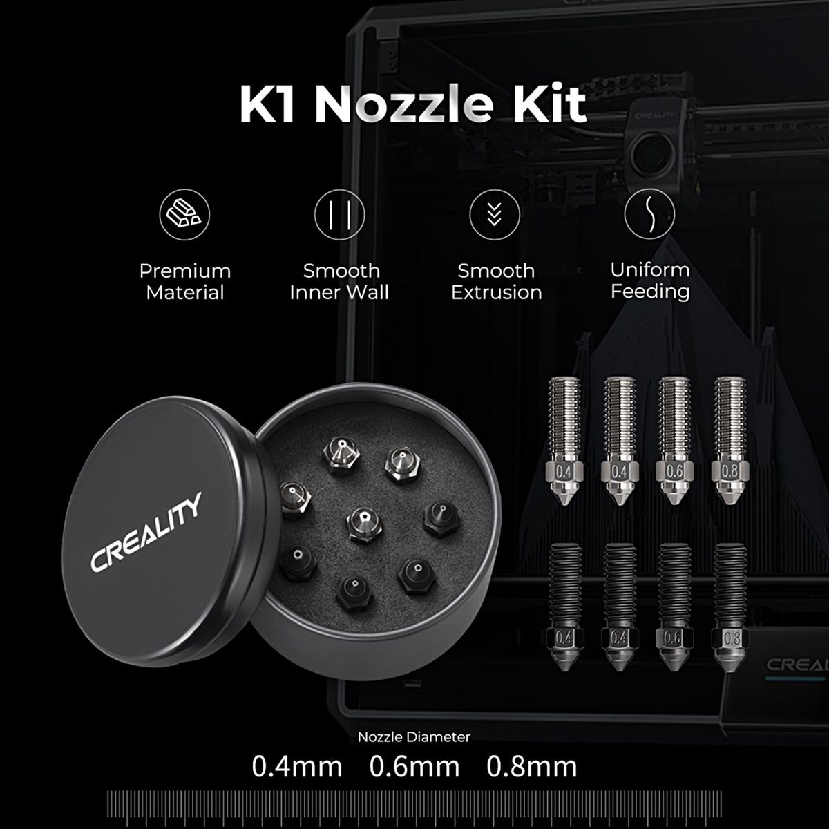 CREALITY New Copper Alloy and Hardened Steel Nozzle K1 Nozzle Kit Supporting High-speed Printing Speed of 600mm/s for K1 / K1 Max / CR-M4 3D Printer Parts Suitable for most of Filaments PLA / ABS / PETG / TPE / TPU / PC / PEE