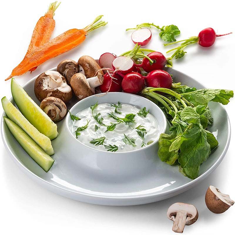 2 Pieces Ceramic Chip & Dip Platter, Round Serving Tray