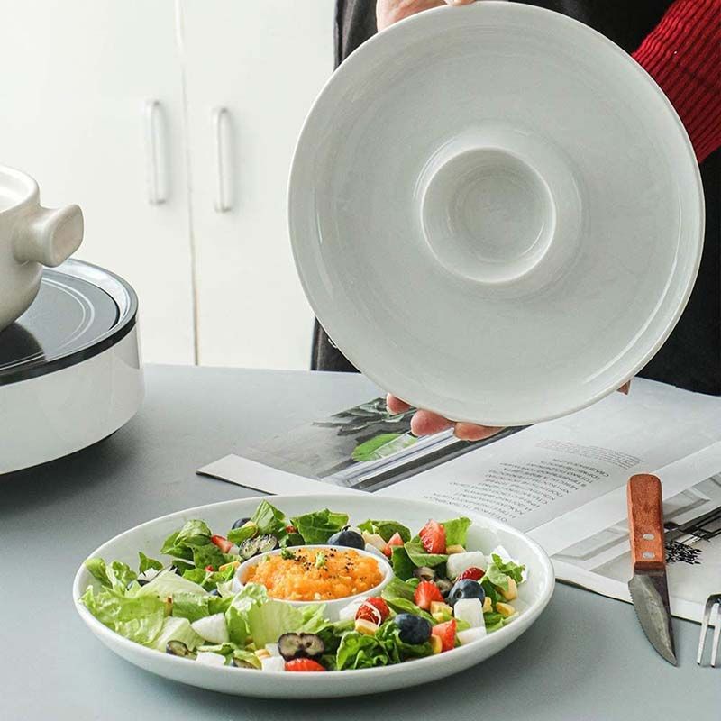 2 Pieces Ceramic Chip & Dip Platter, Round Serving Tray