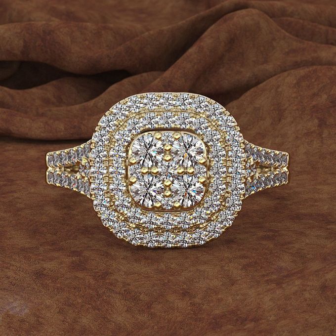 Gold Steel Diamond Engagement And Wedding Ring +ring Box