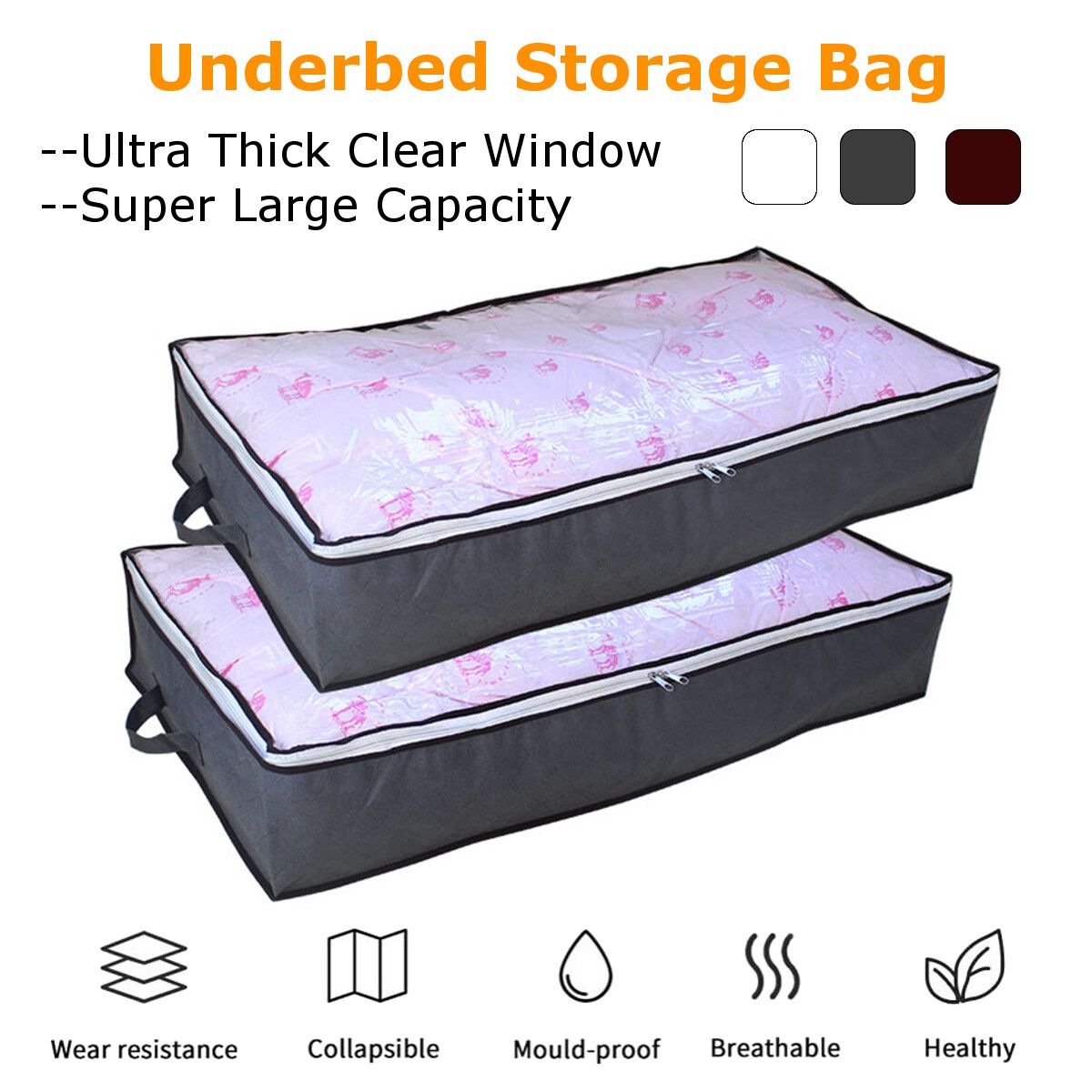 2Pcs Under Bed Storage Bag Containers Comforter Blanket Clothes Zipper Grey