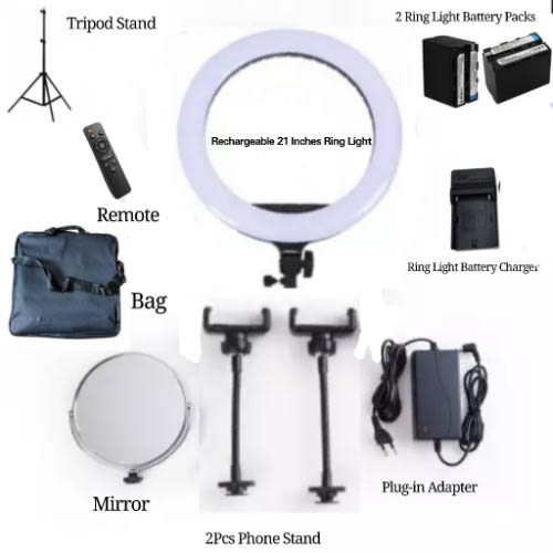 Rechargeable 21 Inches Led Ring Light + 2 Rechargeable Backup Batteries + Mirror + Bag