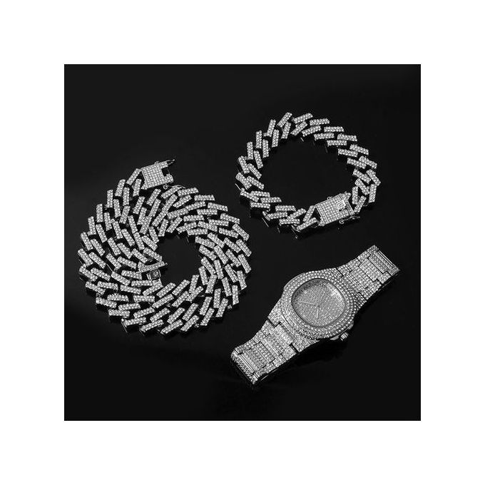 Man 8" Bracelet &18" Cuban NecklaceHip Hop & 9" Wristwatch