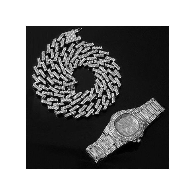 Man 8" Bracelet &18" Cuban NecklaceHip Hop & 9" Wristwatch
