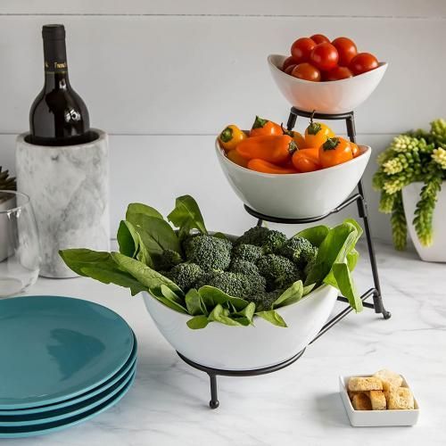 Stoneware Bowls 3-Tier Set With Chrome Plated Metal Rack