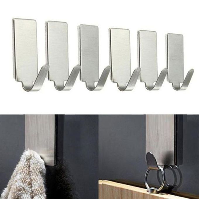6P S Self Adhesive Home Kit Hen Wall Door Stainless Steel Holder Hook Hanger-silver