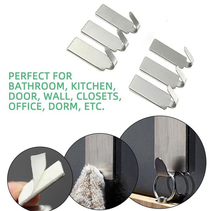 6P S Self Adhesive Home Kit Hen Wall Door Stainless Steel Holder Hook Hanger-silver