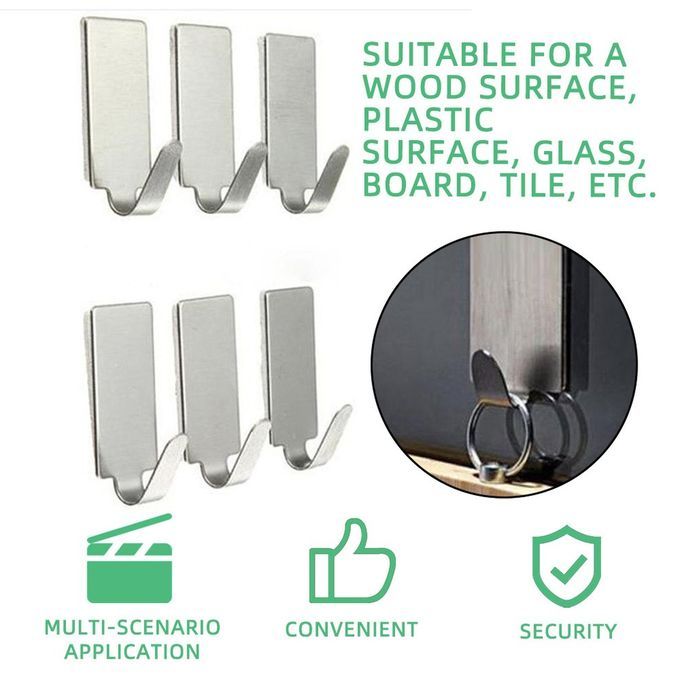 6P S Self Adhesive Home Kit Hen Wall Door Stainless Steel Holder Hook Hanger-silver