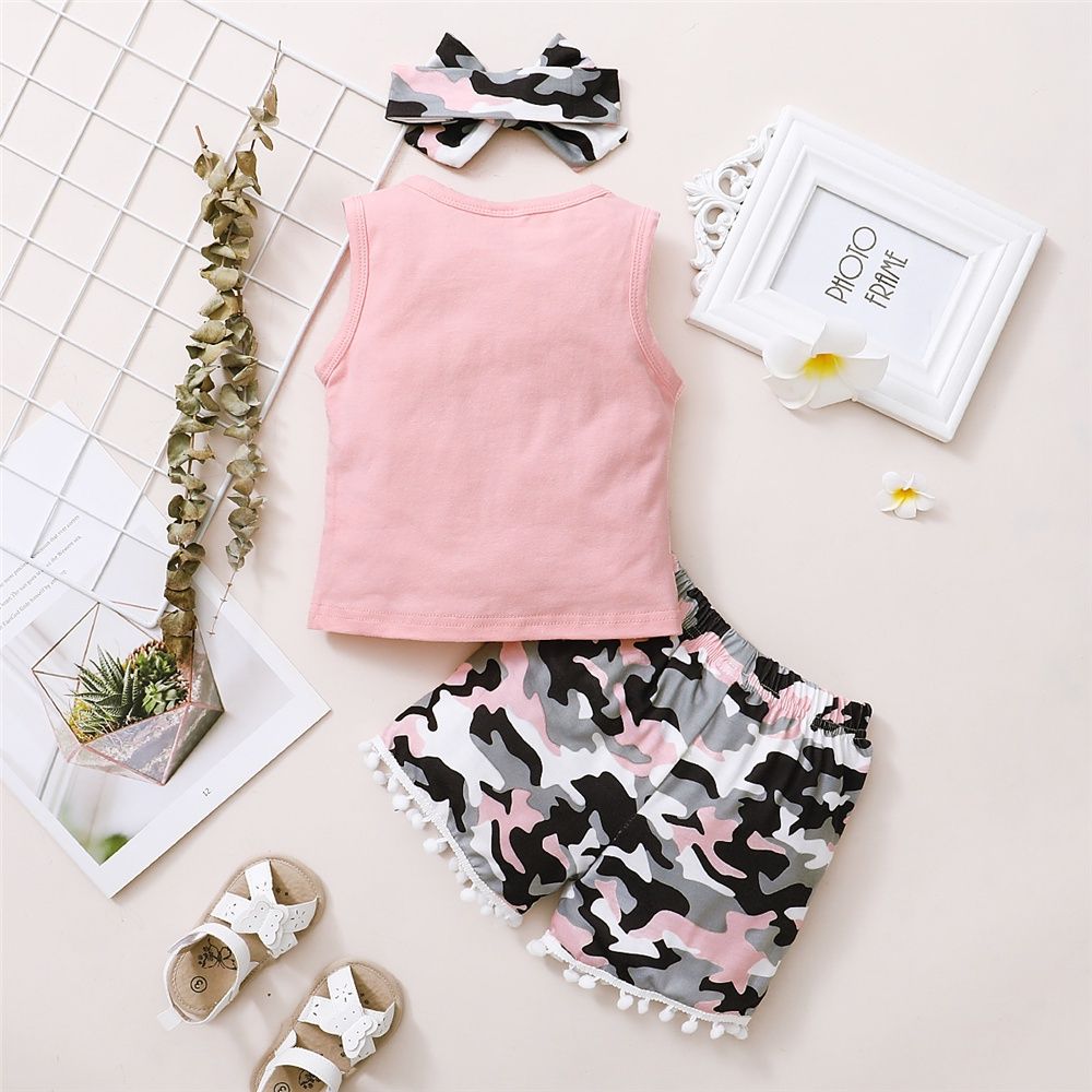 1-5Years Kid Girl Solid Color Sleeveless Tops+Shorts+Headwear