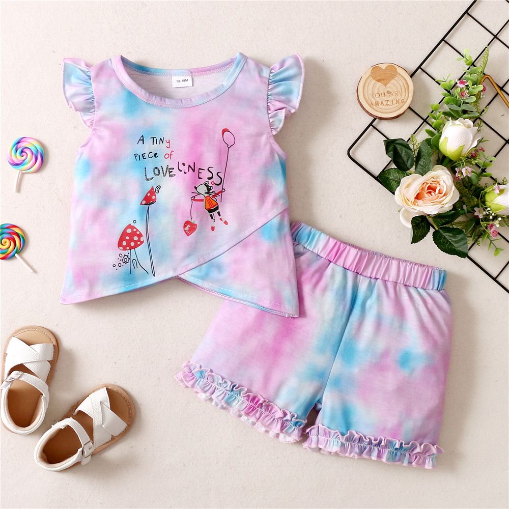 1-5 Years Little Girl 2PCS Suit Set Ruffle Tie Dyed T-shirt+Shorts