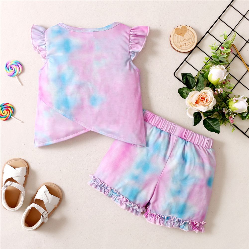 1-5 Years Little Girl 2PCS Suit Set Ruffle Tie Dyed T-shirt+Shorts