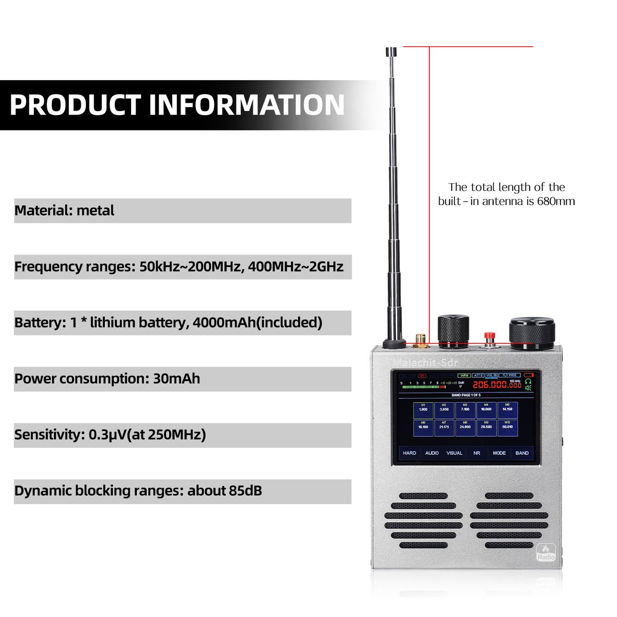 Malachite Receiver 3.5 Inch Touching Screen 50kHz~200MHz
