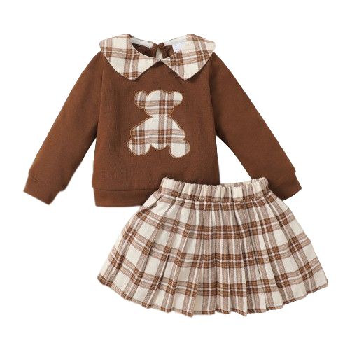 1-6Years Kid Girl Little Bear Long Sleeve Top+Plaid Skirt