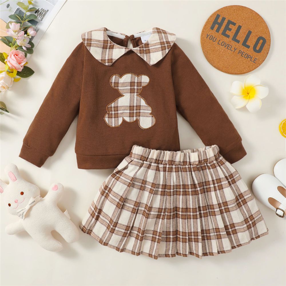 1-6Years Kid Girl Little Bear Long Sleeve Top+Plaid Skirt