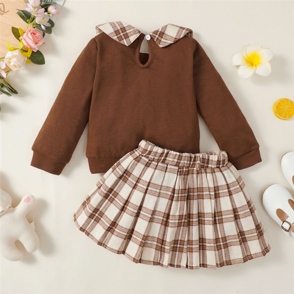 1-6Years Kid Girl Little Bear Long Sleeve Top+Plaid Skirt