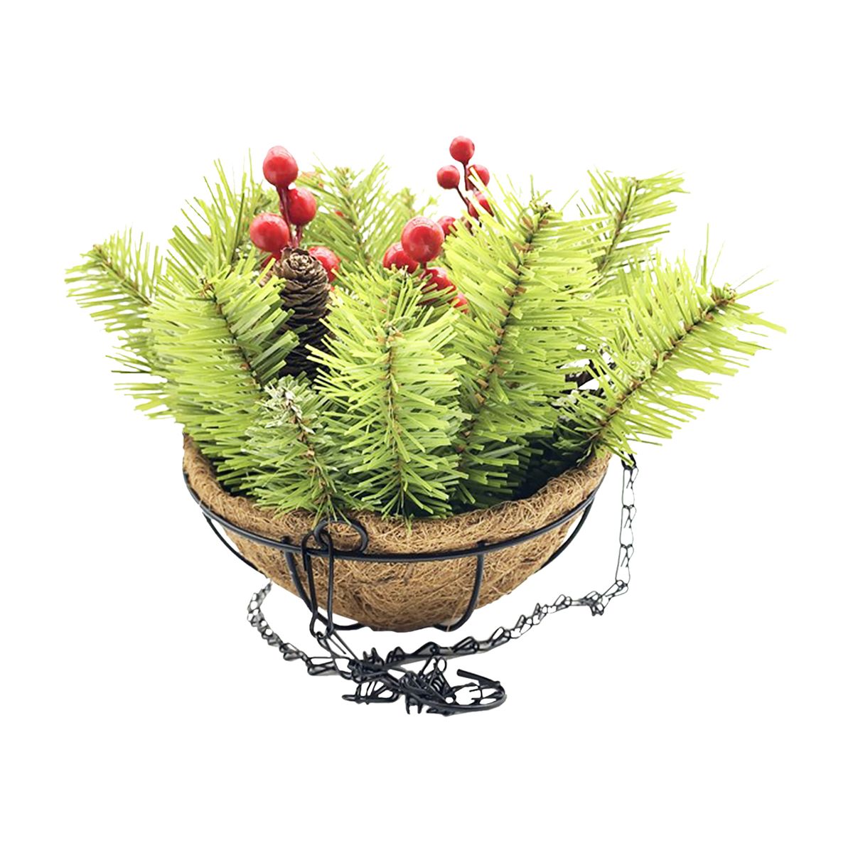 Artificial Christmas Hanging Basket With Pine Cones Berry