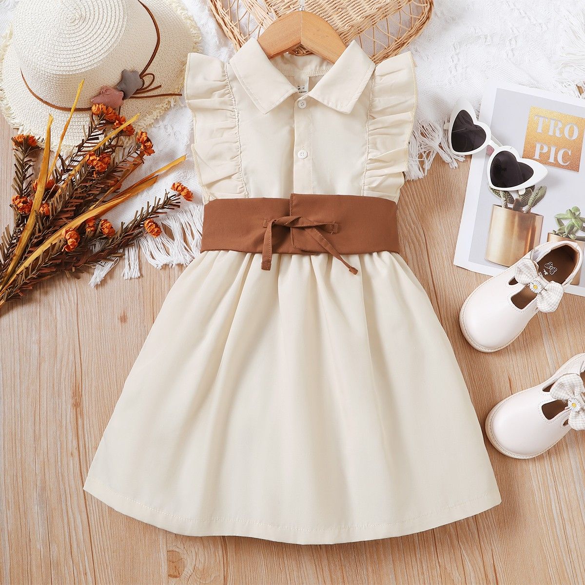 4-7 Years Kid Girl Dress/Polo Collar Brown Belt Ruffle Sleeveless Dress